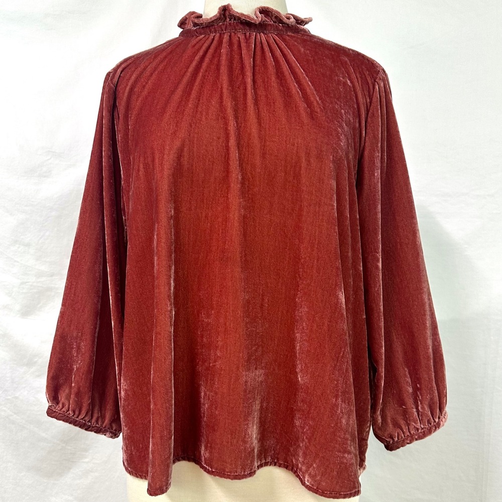 TROVATA BIRDS OF PARADIS Pink Velvet Ruffle Neck Bow Blouse M Balloon Sleeve